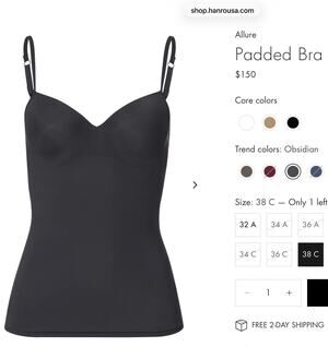 NWOT Hanro Black Allure Lightly Padded Bra Camisole Size 38c